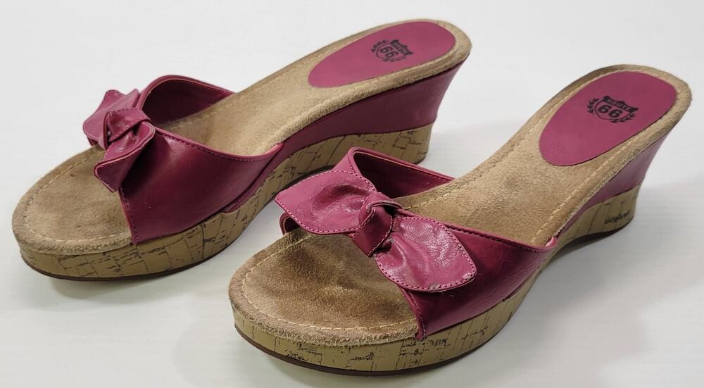BG) Route 66 Women Sandal Slide Shoe Wedge Heel Fuchsia Bow Size 8M